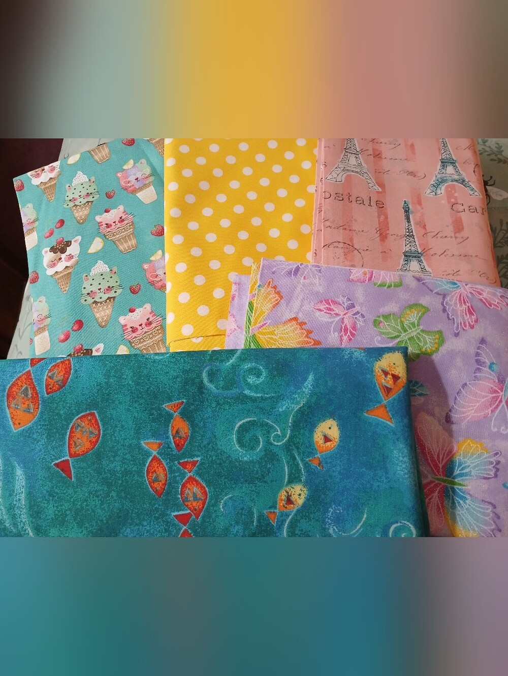Lot Of Cotton Fabric Remnants Butterflies Eiffel Tower Kittens Fish